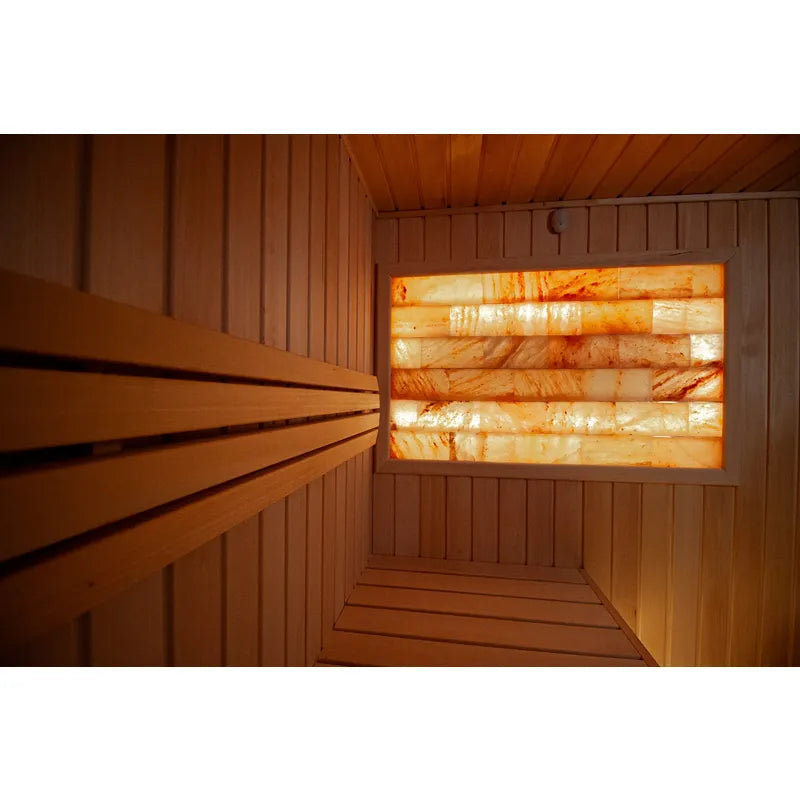 KOBA Fenris Gartensauna - Designsauna Innenraum mit Holzbänken und leuchtender Infrarotheizung