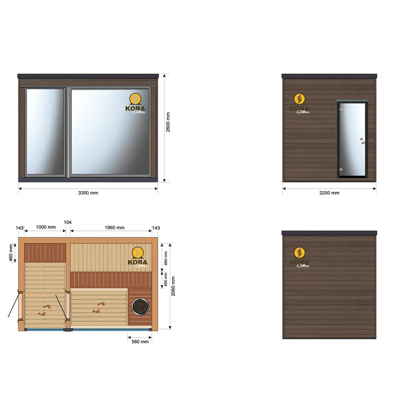 KOBA Fenris Gartensauna - Designsauna Grundrisse und Ansichten mit Maßen