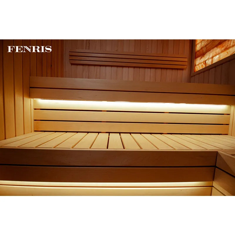 KOBA Fenris Gartensauna - Designsauna Innenraum mit Holzbänken und LED-Beleuchtung