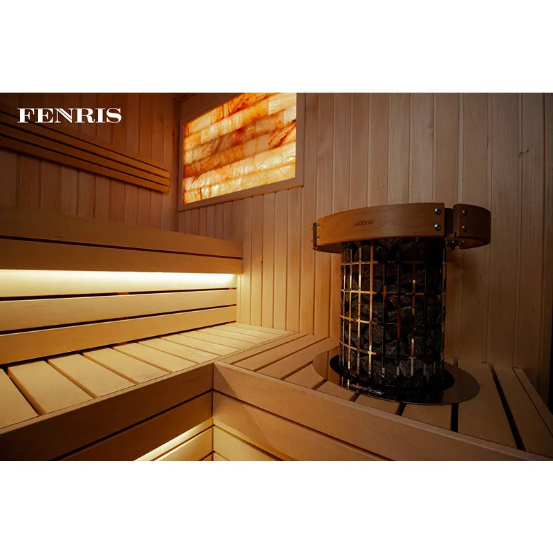 KOBA Fenris Gartensauna - Designsauna Innenraum mit Holzbänken und Harvia-Saunaofen