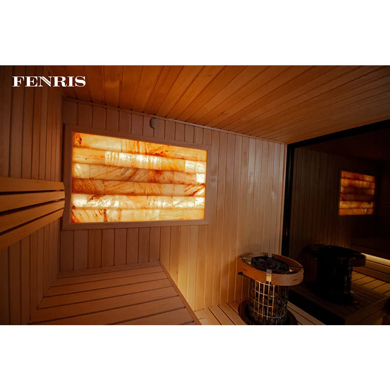 KOBA Fenris Gartensauna - Designsauna Innenraum mit Holzbänken und Infrarot-Wärmepanelen