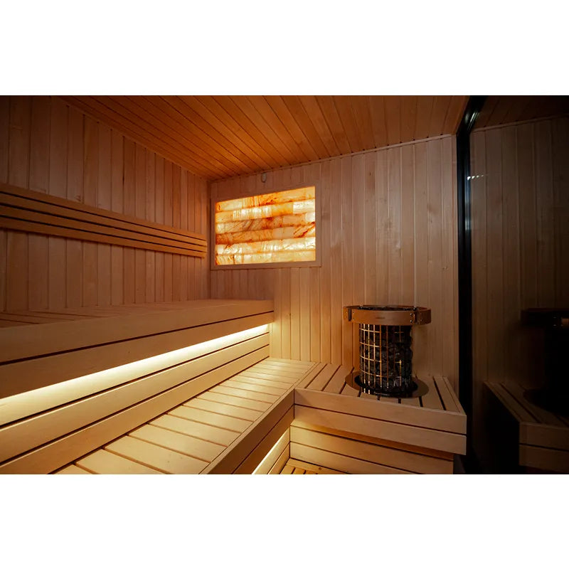 KOBA Fenris Gartensauna - Designsauna Innenraum mit Holzbänken und Saunaofen
