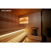 KOBA Fenris Gartensauna - Designsauna Innenraum mit Holzbänken, Saunaofen und beleuchteter Rückenlehne