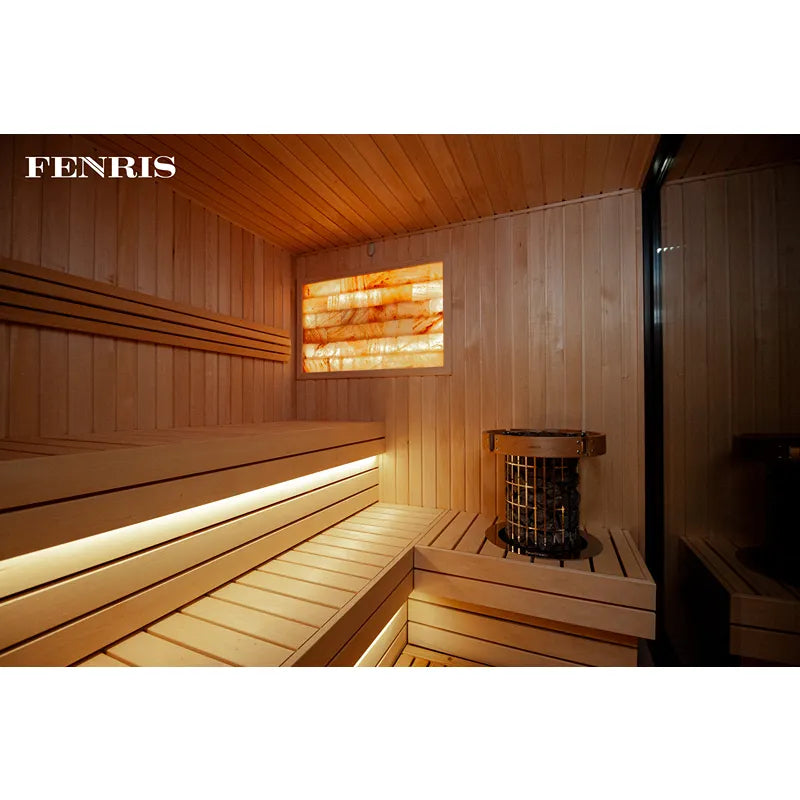 KOBA Fenris Gartensauna - Designsauna Innenraum mit Holzbänken, Saunaofen und beleuchteter Rückenlehne