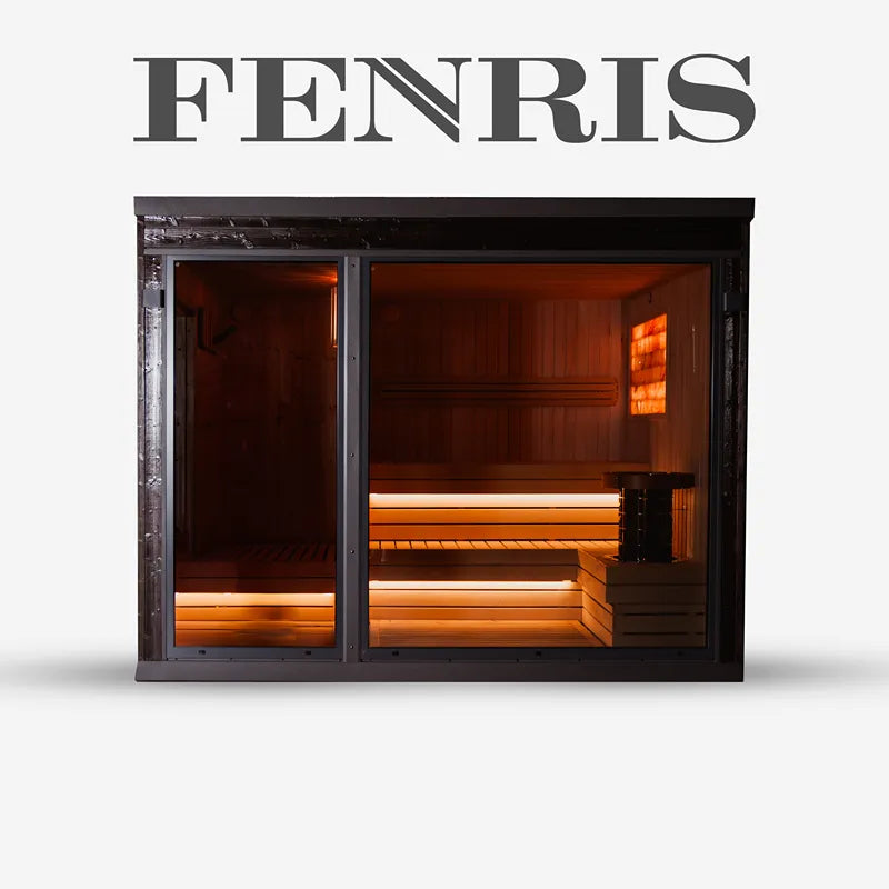 KOBA Fenris Gartensauna - Designsauna mit schwarzem Rahmen, Glastüren und Holzbänken, beleuchtet