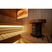 KOBA Fenris Gartensauna - Designsauna Innenraum mit Holzbänken, Harvia-Ofen und Infrarot-Lichtelement