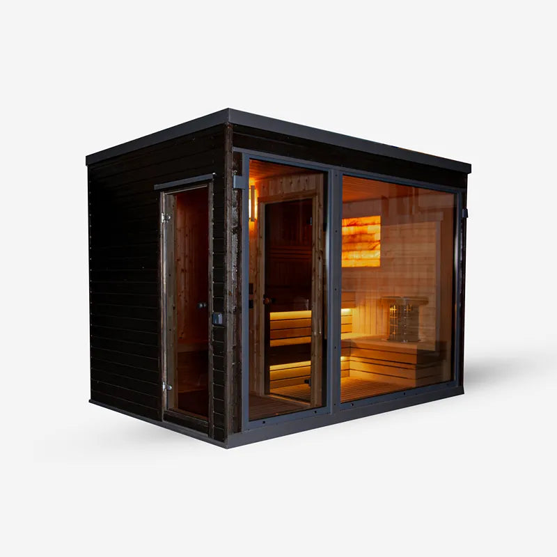 KOBA Fenris Gartensauna - Designsauna mit schwarzem Außenrahmen, Glastüren und warm beleuchtetetem Innenraum mit Holzbänken