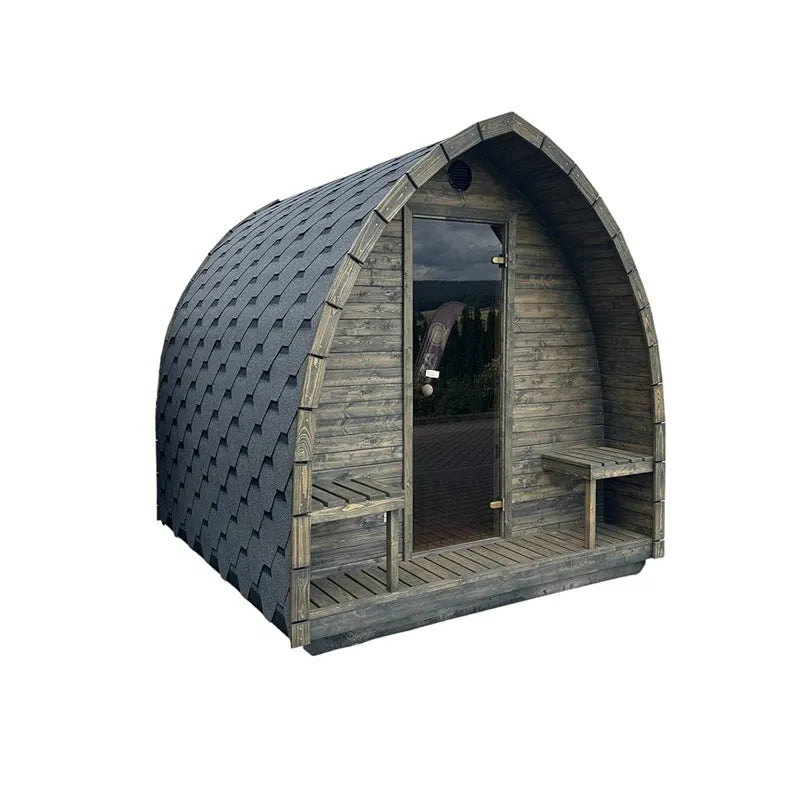 KOBA Iglu Gartensauna mit charakteristischer Iglu-Form, Holzverkleidung und dunklem Dach