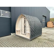 KOBA Iglu Gartensauna mit charakteristischer Iglu-Form, helles Holz, graues Dach, in Gartensetting