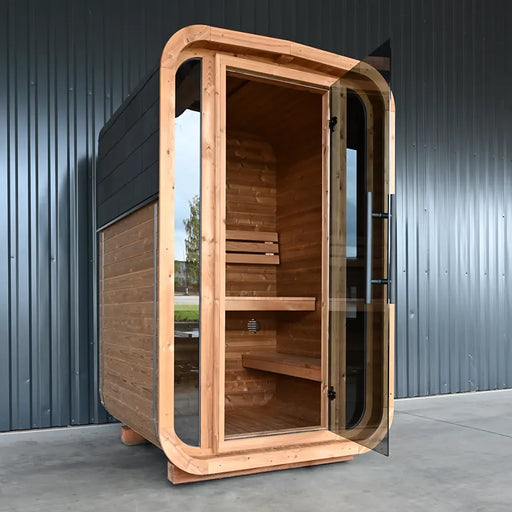 KOBA Lignotherm Mini Quadro DIY kleine Sauna mit Holzbänken und Glastür im Außenbereich