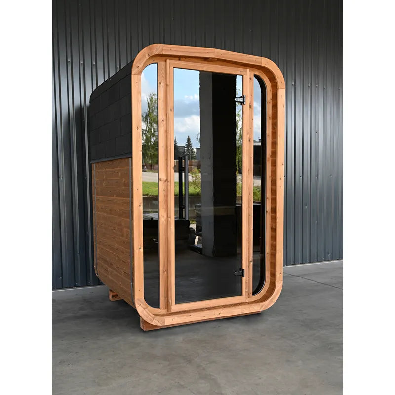 KOBA Lignotherm Mini Quadro DIY kleine Sauna mit Holzrahmen und Glastür in Außenansicht