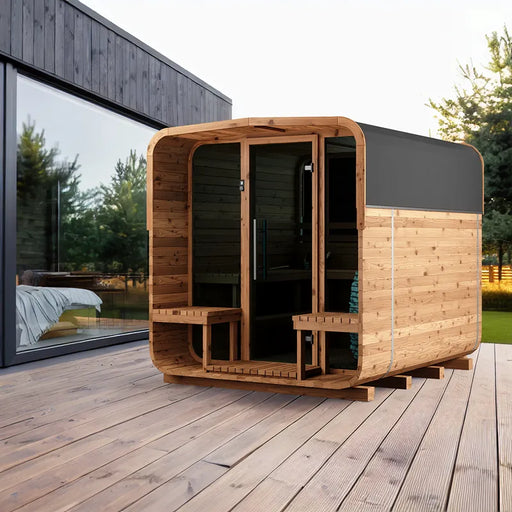KOBA Lignotherm Quadro DIY Gartensauna mit Holzverkleidung auf moderner Terrasse