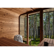 KOBA Lignotherm Quadro DIY Gartensauna Innenansicht mit Holzbänken, Saunaofen und Waldblick