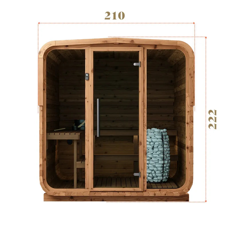 KOBA Lignotherm Quadro DIY Gartensauna mit Holzverkleidung, Glastür, Holzbänken und Saunasteine, Frontansicht mit Maßangaben