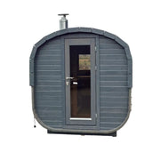 KOBA Quadro Gartensauna - Moderne quadratische Form mit dunkelgrauem Holzdesign und gerundeten Dachpartien, Glastür und Edelstahl-Schornstein