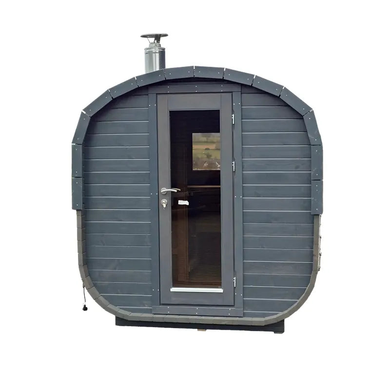 KOBA Quadro Gartensauna - Moderne quadratische Form mit dunkelgrauem Holzdesign und gerundeten Dachpartien, Glastür und Edelstahl-Schornstein