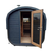 KOBA Quadro Gartensauna mit moderner quadratischer Form, schwarzem Außendesign und Holzrahmen-Türelement