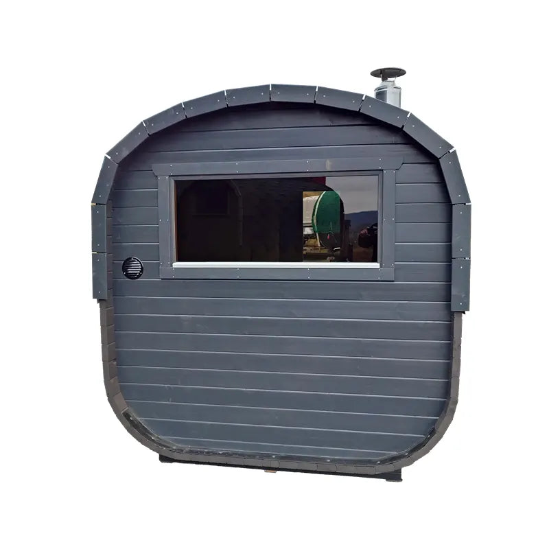 KOBA Quadro Gartensauna moderne quadratische Form mit grauem Holzdesign und großem Fenster