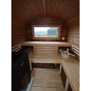 KOBA Quadro Gartensauna Innenraum mit Holzbänken, Ofen und Panoramafenster