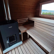 KOBA Quadro Gartensauna - Moderne quadratische Form mit Holzbanken und Harvia-Ofen, Panoramafenster mit Waldblick