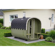 KOBA Quadro Gartensauna - Moderne quadratische Form in Grün-Weiß im Garten aufgestellt