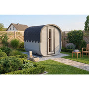 KOBA Quadro Gartensauna moderne quadratische Form im Garten mit schwarzem Dach und heller Verkleidung
