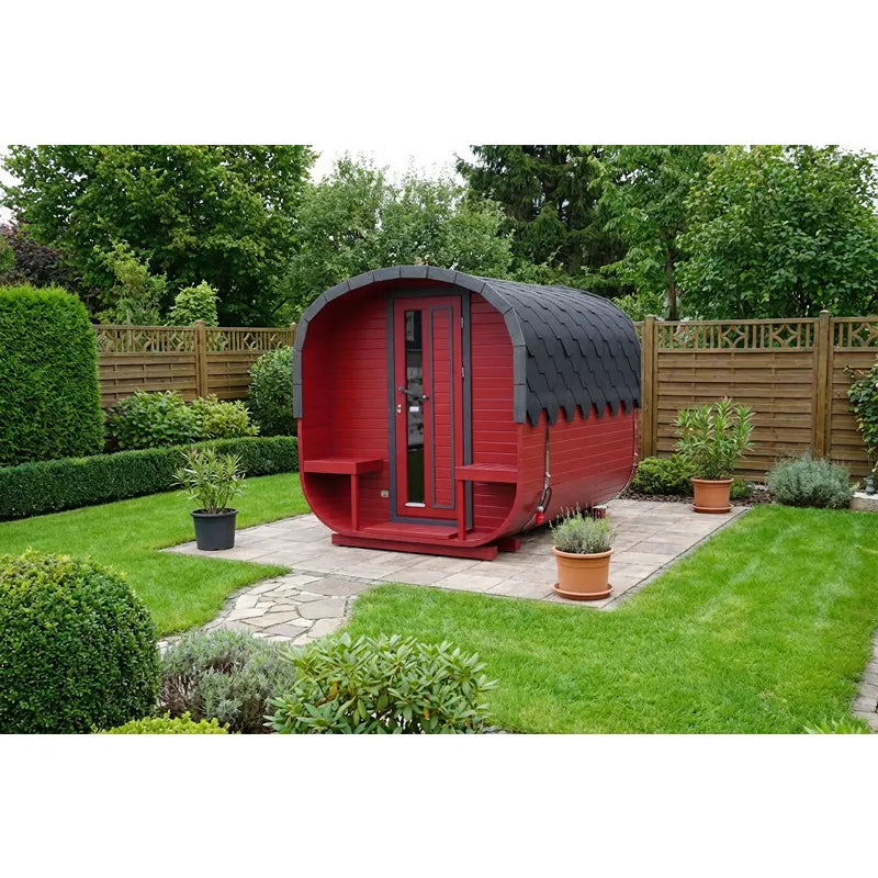 KOBA Quadro Gartensauna - Moderne quadratische Form in Rot mit schwarzem Dach im Garten