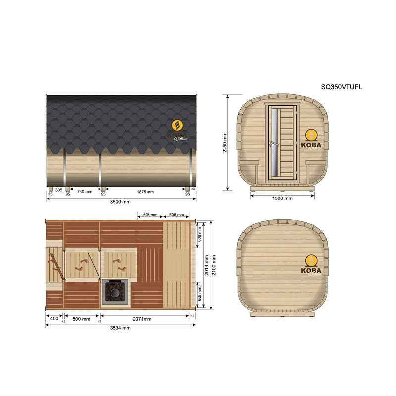 KOBA Quadro Gartensauna - Moderne quadratische Form mit Grundrissen und Abmessungen