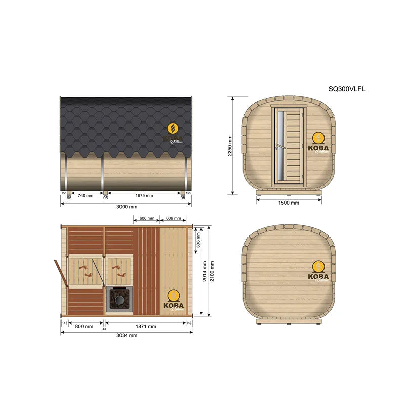KOBA Quadro Gartensauna - Moderne quadratische Form mit Grundriss, Seitenansicht und Draufsicht, Maßzeichnung