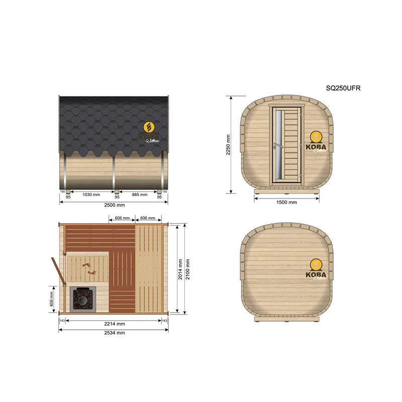 KOBA Quadro Gartensauna - Moderne quadratische Form mit technischen Zeichnungen und Maßangaben