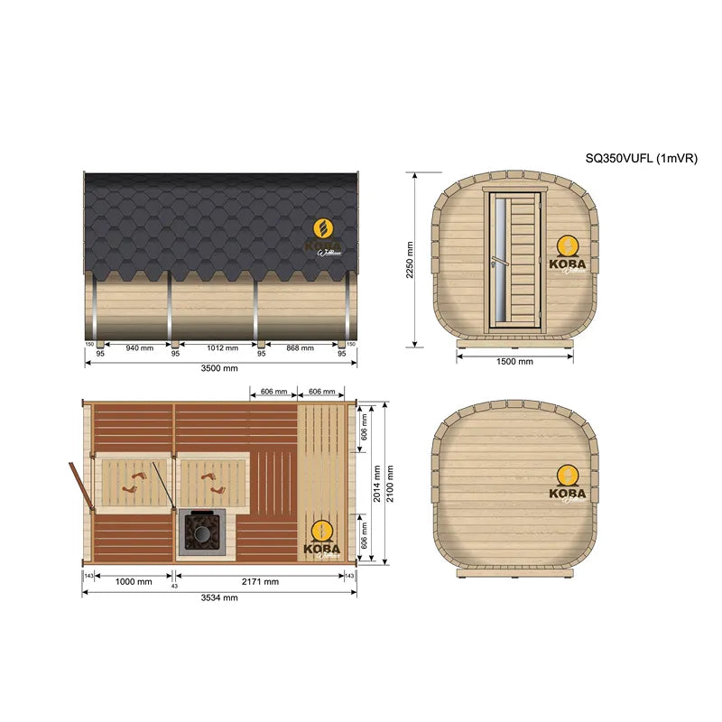 KOBA Quadro Gartensauna - Moderne quadratische Form mit technischen Maßzeichnungen, Grund- und Aufrisse
