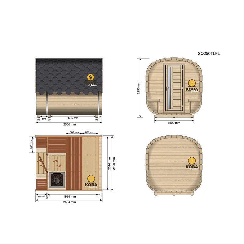 KOBA Quadro Gartensauna - Moderne quadratische Form mit Grundrissen, Seitenansicht und Draufsicht