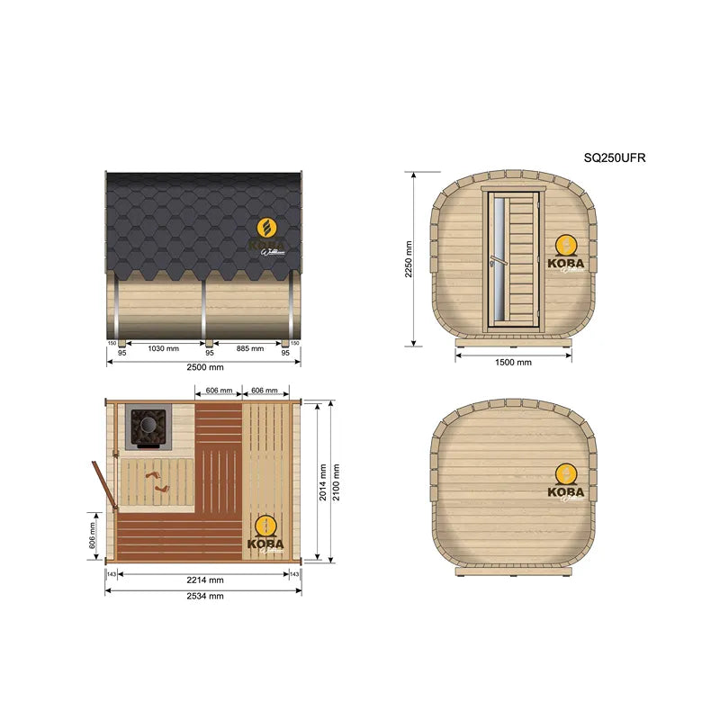 KOBA Quadro Gartensauna - Moderne quadratische Form mit Grundrissen, Maßzeichnungen und Ansichten