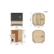 KOBA Quadro Gartensauna - Moderne quadratische Form mit Grundrissen, Ansichten und Maßangaben