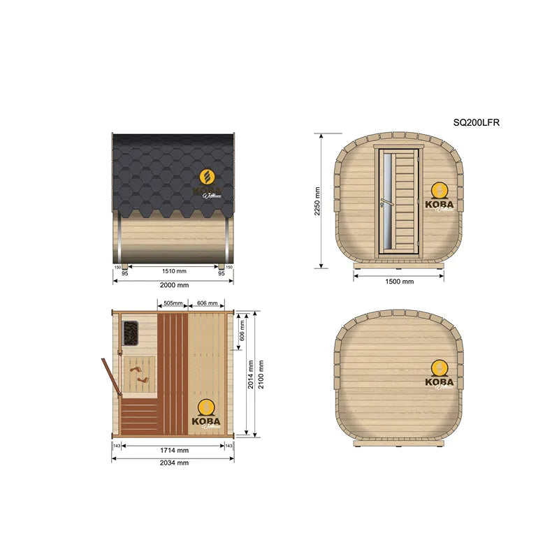 KOBA Quadro Gartensauna - Moderne quadratische Form mit Grundriss, Seitenansicht und Draufsicht