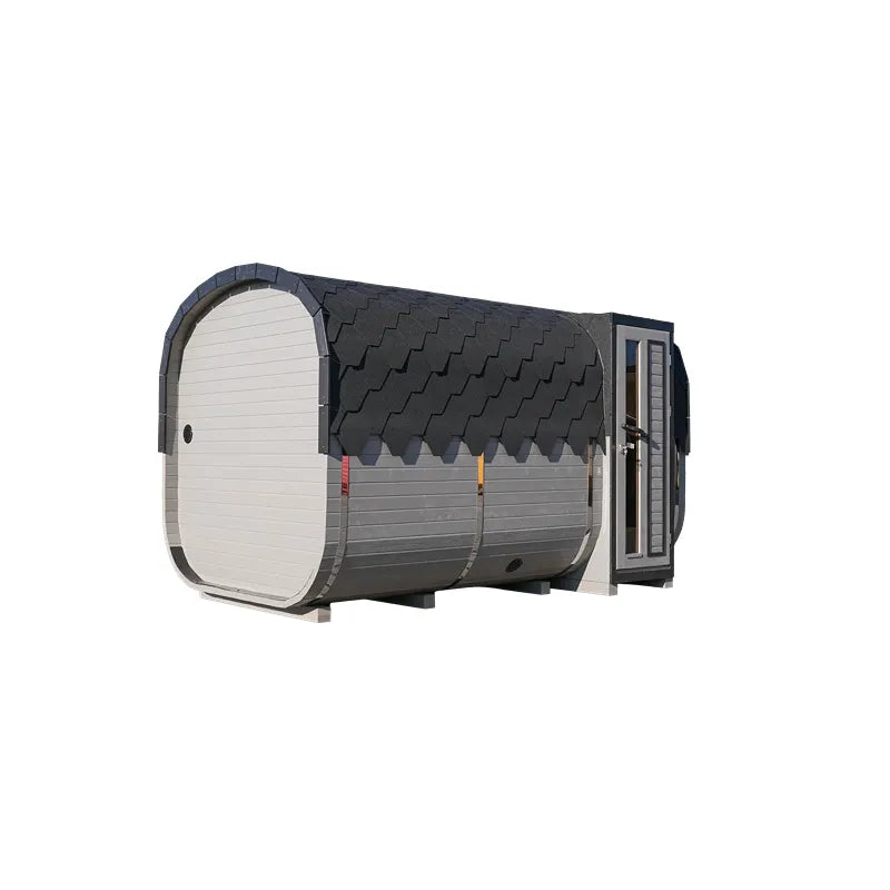 KOBA Quadro Gartensauna Seiteneintritt mit schwarzem Schindeldach, weißer Frontansicht und seitlicher Tür