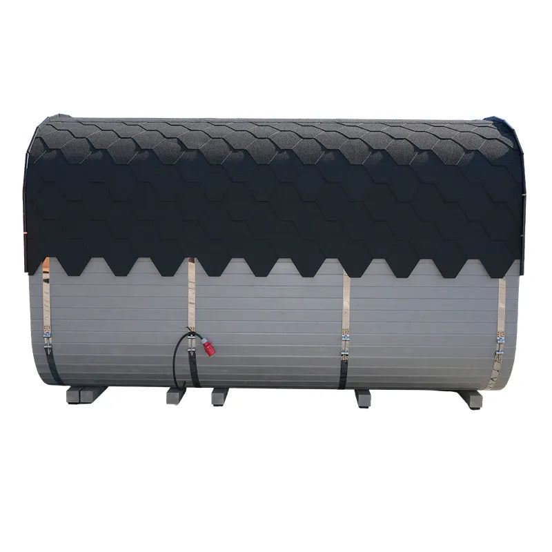 KOBA Quadro Gartensauna Seiteneintritt mit schwarzem Dach und grauem Holzkorpus, Seitenansicht