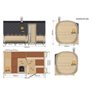 KOBA Quadro Gartensauna Seiteneintritt Grundriss mit Draufsicht, Seitenansicht und Innenraumaufteilung