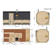 KOBA Quadro Gartensauna Seiteneintritt Grundriss mit Draufsicht und Seitenansicht