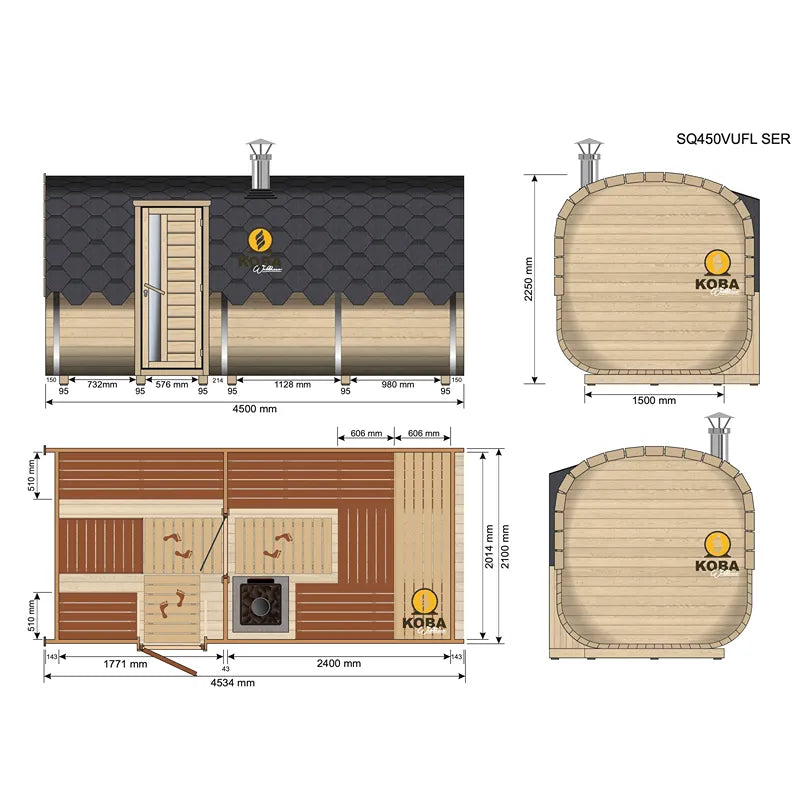 KOBA Quadro Gartensauna Seiteneintritt Grundriss mit Draufsicht und Seitenansicht