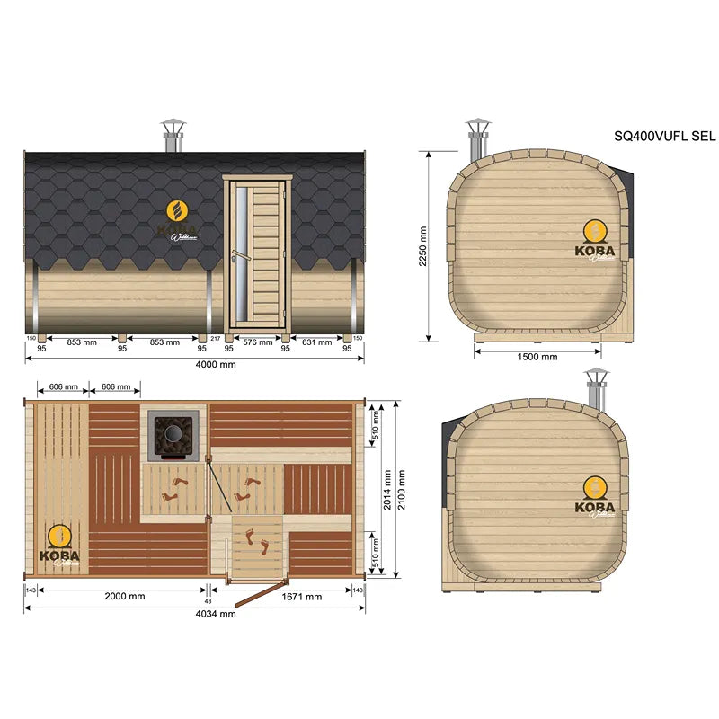 KOBA Quadro Gartensauna Seiteneintritt Grundriss mit Maßen und Ansichten