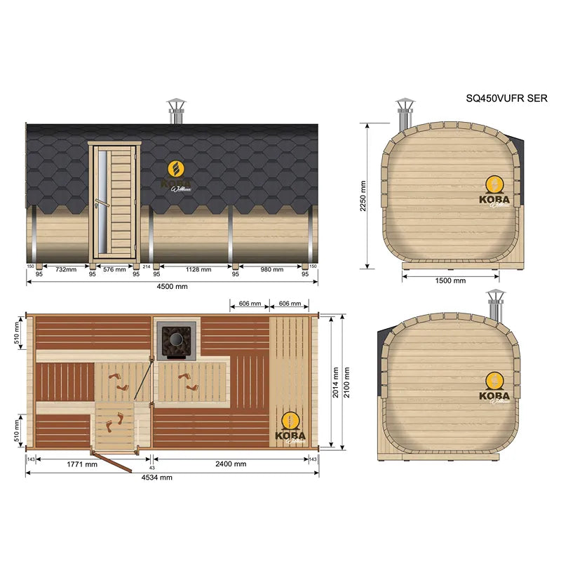 KOBA Quadro Gartensauna Seiteneintritt Grundriss mit Maßen Seitenansicht und Draufsicht