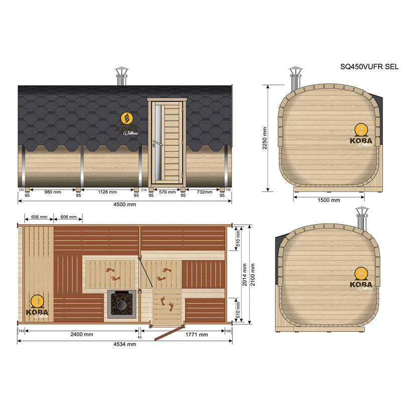 KOBA Quadro Gartensauna Seiteneintritt Grundriss mit Maßen und Ansichten