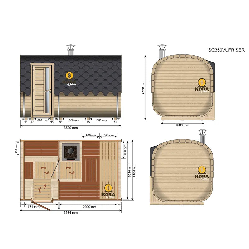 KOBA Quadro Gartensauna Seiteneintritt Grundrisse und Ansichten mit Maßen