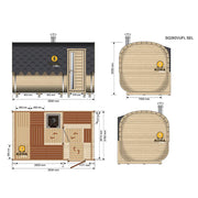 KOBA Quadro Gartensauna Seiteneintritt Grundriss mit Maßen und Draufsichten