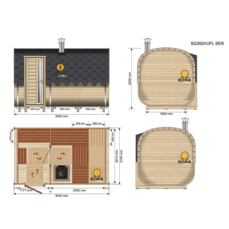KOBA Quadro Gartensauna Seiteneintritt technische Zeichnung mit Grund- und Aufrissen