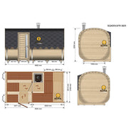 KOBA Quadro Gartensauna Seiteneintritt Grundriss mit Maßen und Ansichten