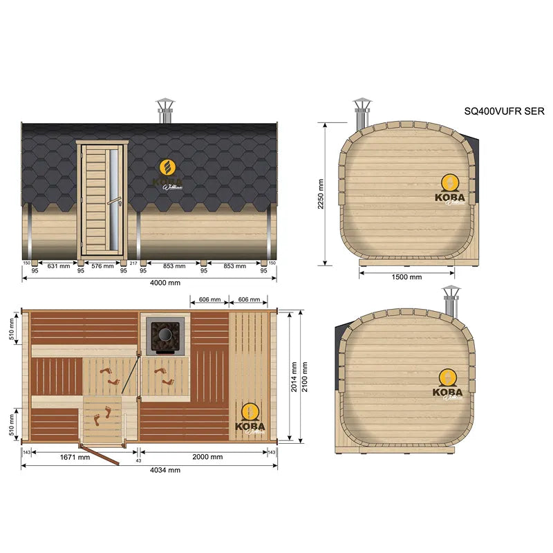 KOBA Quadro Gartensauna Seiteneintritt Grundriss mit Maßen und Ansichten