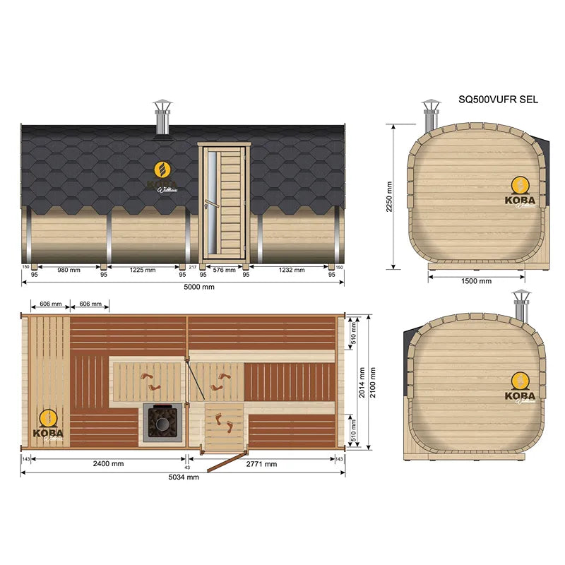 KOBA Quadro Gartensauna Seiteneintritt Grundriss mit Maßzeichnung und Ansichten