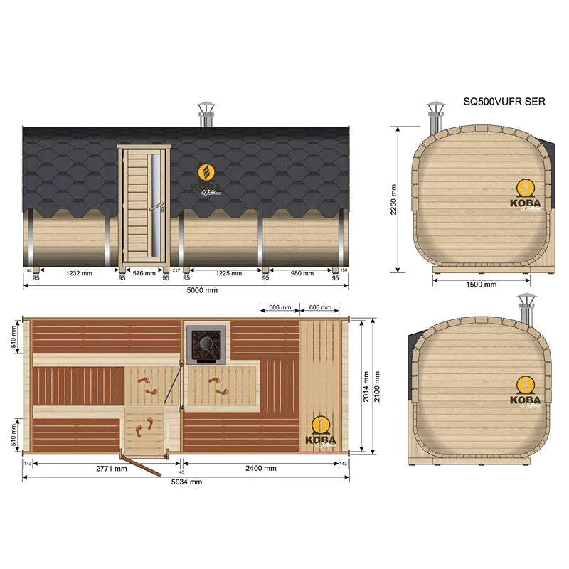 KOBA Quadro Gartensauna Seiteneintritt Grundriss mit Draufsicht und Seitenansicht